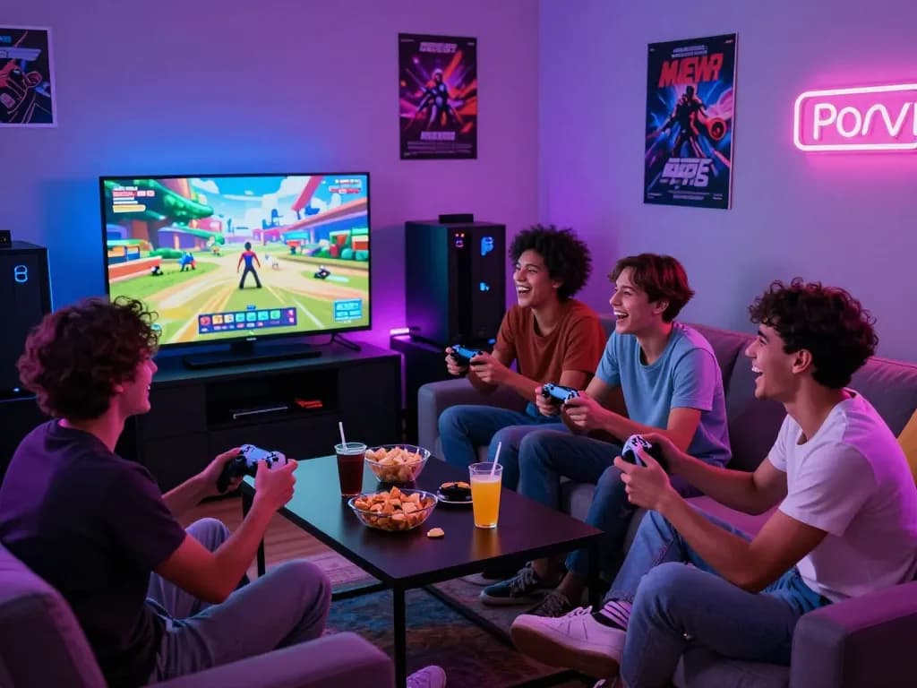 Group of friends enjoying an exciting porngame session with snacks and vibrant atmosphere