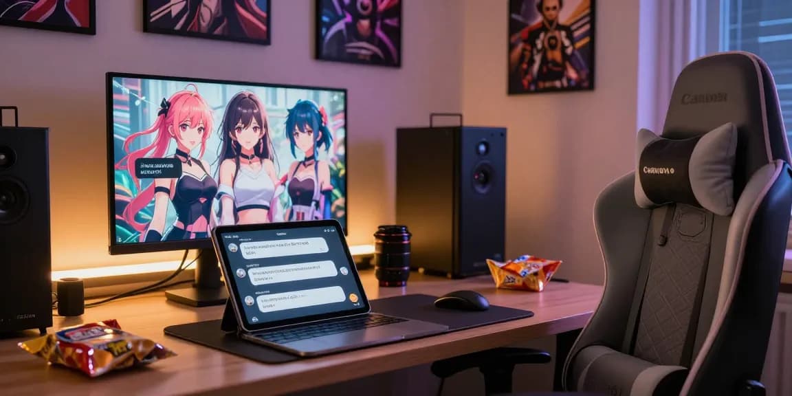 Experience dynamic interactions with hentai chat AI on a sleek tablet in a cozy virtual environment.