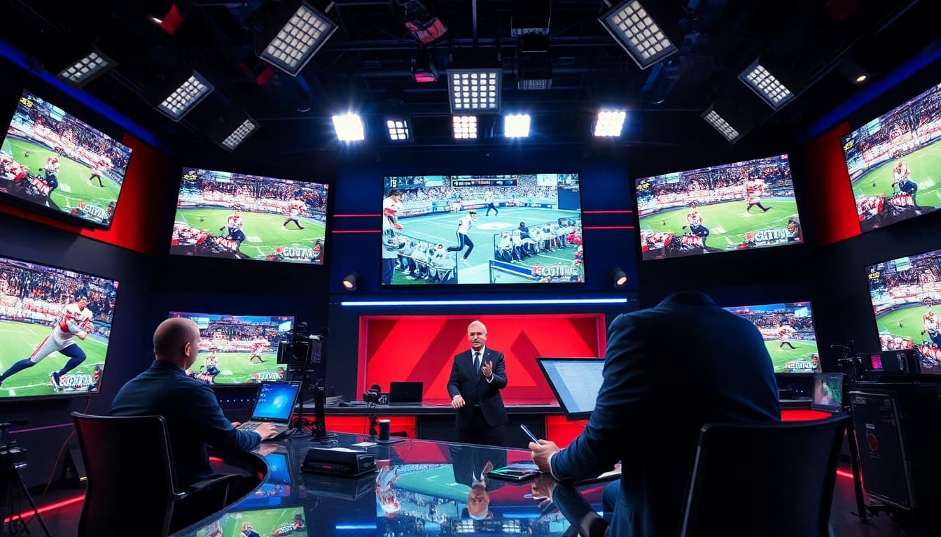 Engaging scene of Sports Broadcasting with a presenter in a vibrant studio.
