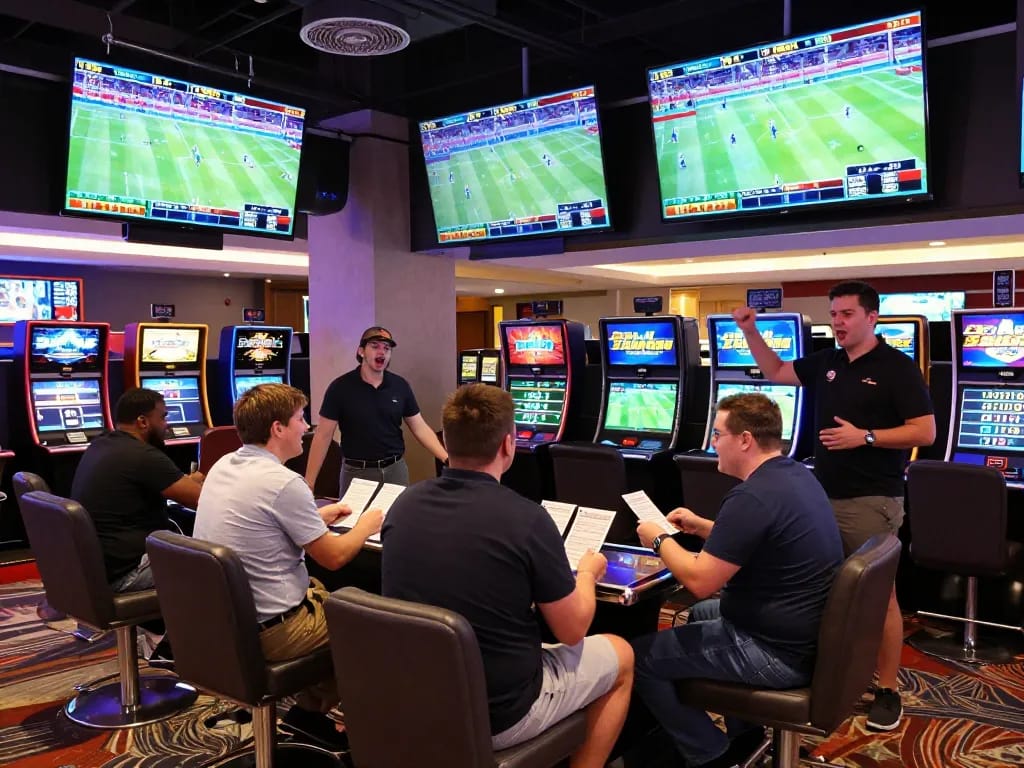 Excited bettors at nhà cái SIN88 enjoying live sports betting in an upscale casino setting.