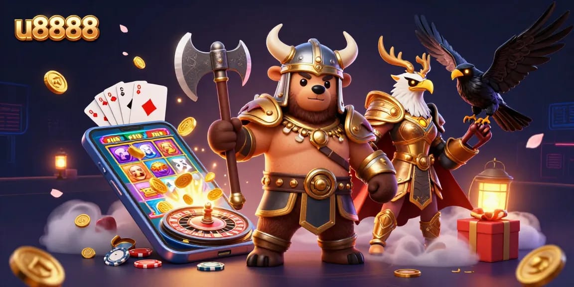 Spin the reels with u8888's exciting slot game featuring colorful characters and festive elements.