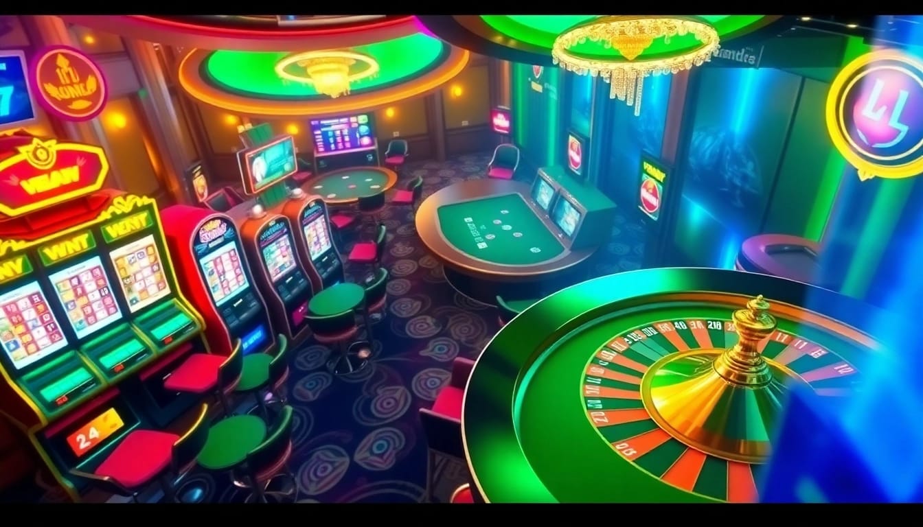 Engaging casino scene highlighting kkwin 04 with vibrant slot machines and poker chips