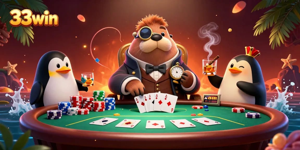 Engage in high-stakes poker at 33win with a whimsical 3D scene featuring unique characters.