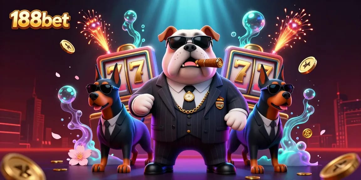 Catch the excitement of 188bet with a vibrant 3D casino scene featuring a mafia bulldog and bodyguards.