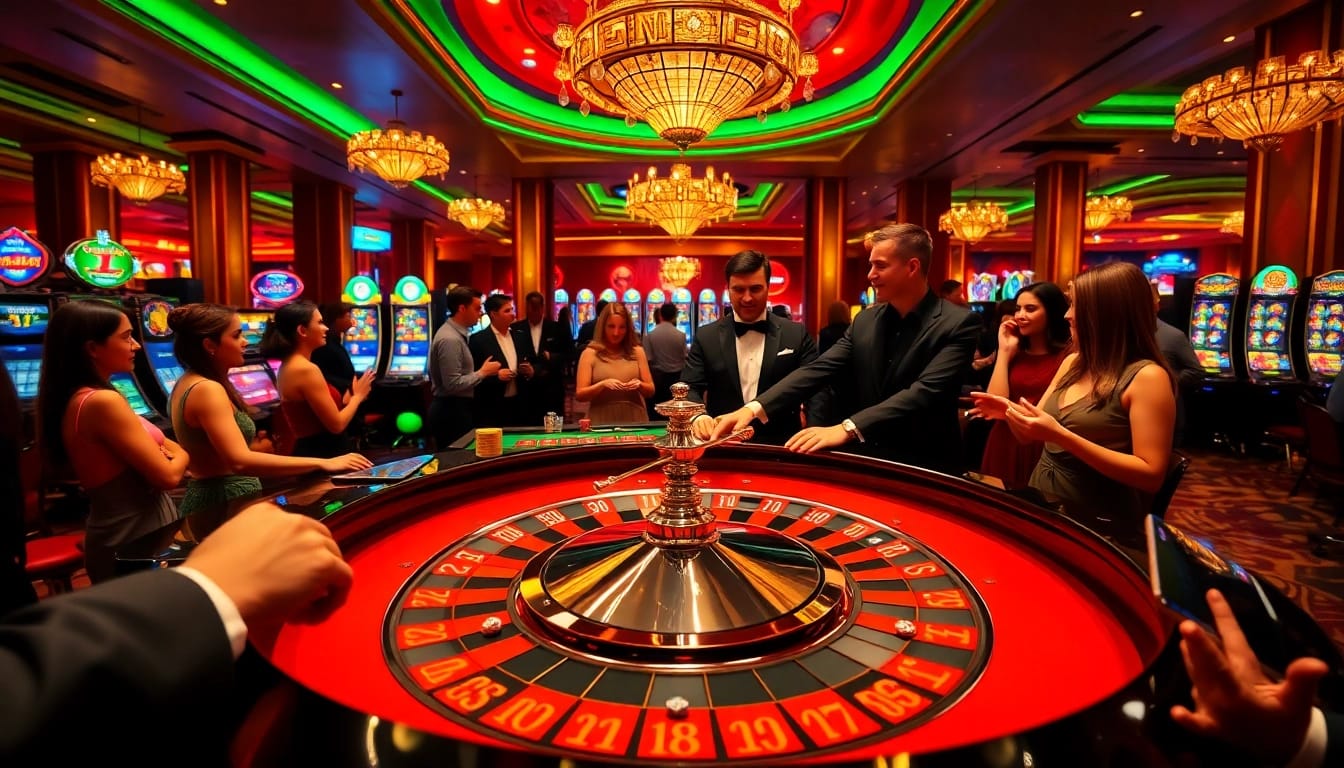 Experience high-stakes gaming action at win 678 with dealers, roulette, and vibrant casino atmosphere.