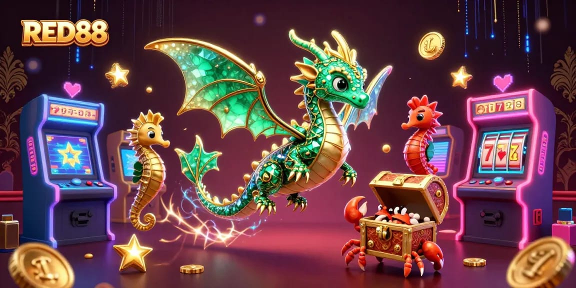 Engage with the vibrant RED88 scene, a captivating underwater casino world full of slot reels and animated characters.