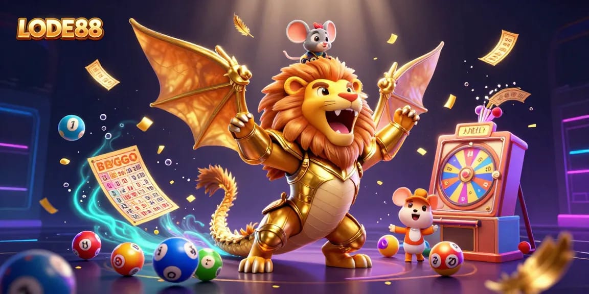 Engage in thrilling gameplay at LODE88 with vibrant colorful lottery balls, golden tickets, and dynamic casino elements.
