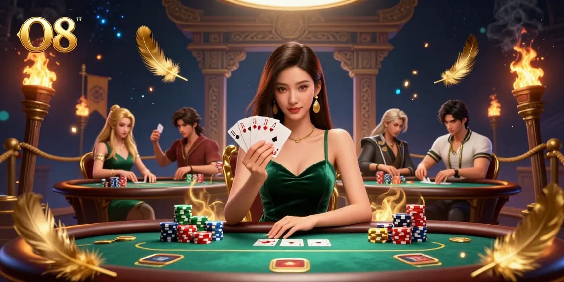 Win big at O8 with the photorealistic illustration of a skilled player at a luxury poker table.