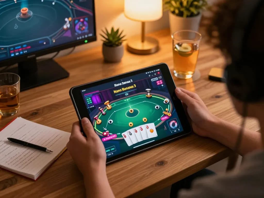 Engaging with nano banana 3 on a tablet during a cozy online gaming session.