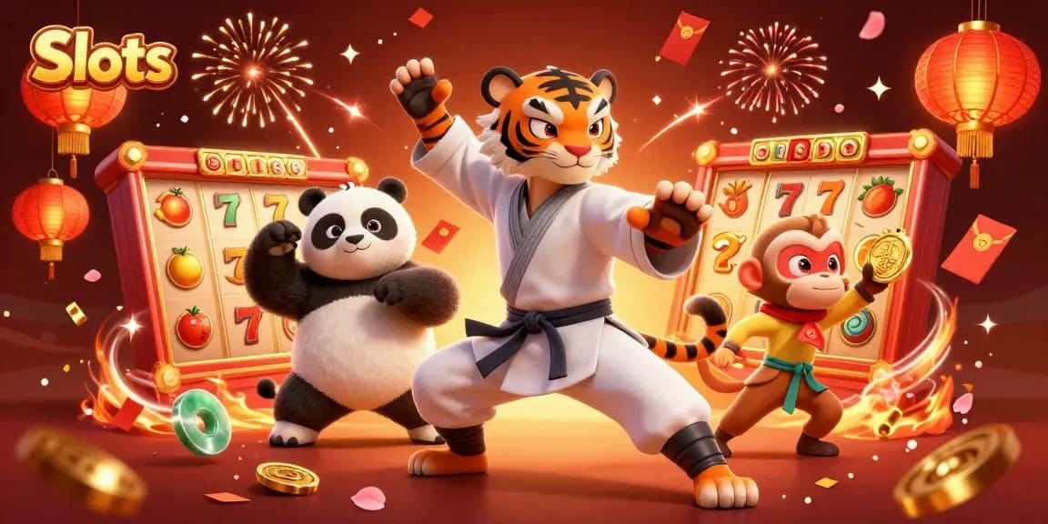 Spin the Slots with enthusiasm in a vibrant 3D scene featuring a kung fu tiger, panda, and monkey amidst dynamic gambling elements.