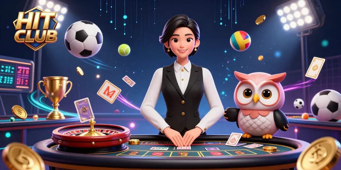 Experience excitement at HIT CLUB with an elegant Asian dealer and captivating owl assistant surrounded by dynamic gaming elements.