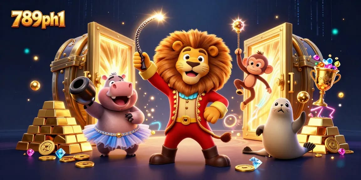 Experience 789ph1 with a vibrant circus scene filled with gambling action featuring animated casino characters.