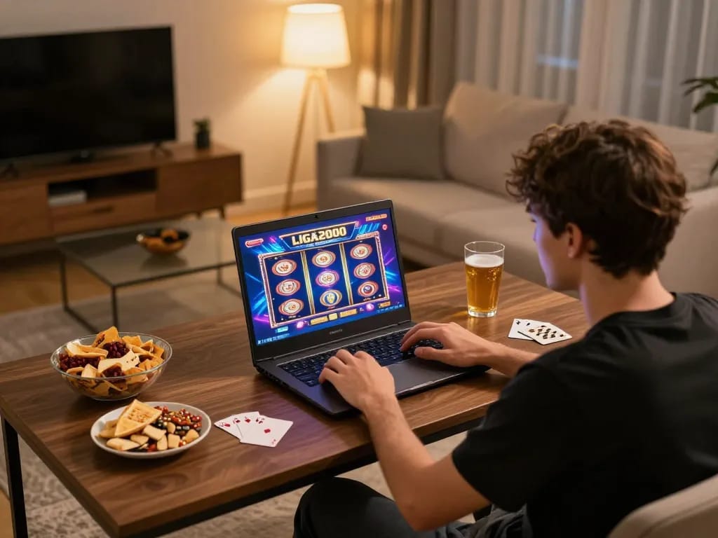 LIGA2000 gaming scene featuring a player engaged in an exciting slot game from a cozy home setup.