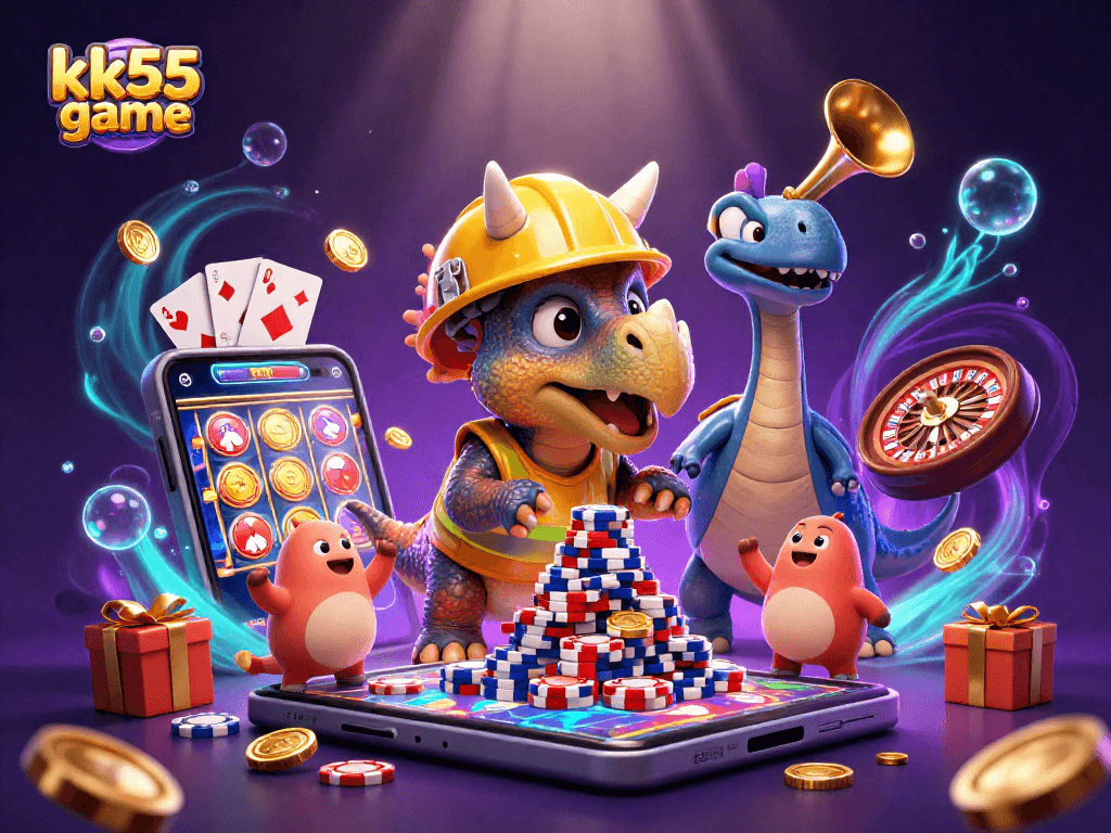 Engage in the thrilling kk55 game experience with vibrant casino elements and dynamic characters celebrating wins.