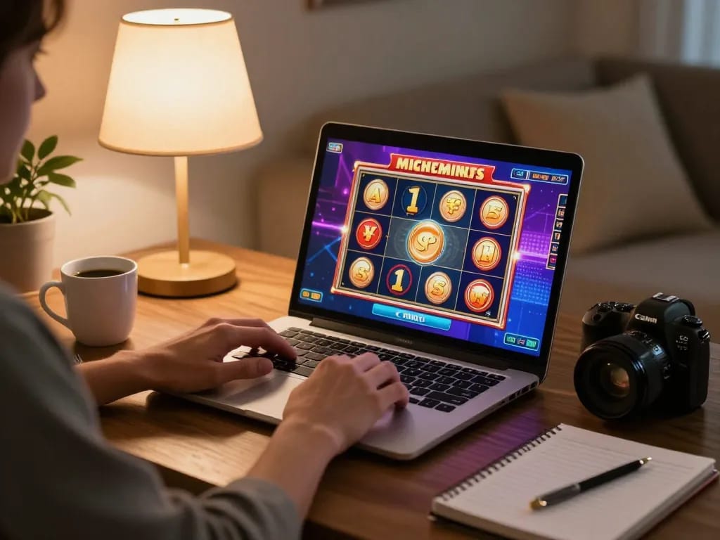 Player enjoying sun win slot games on a laptop in a cozy home setting