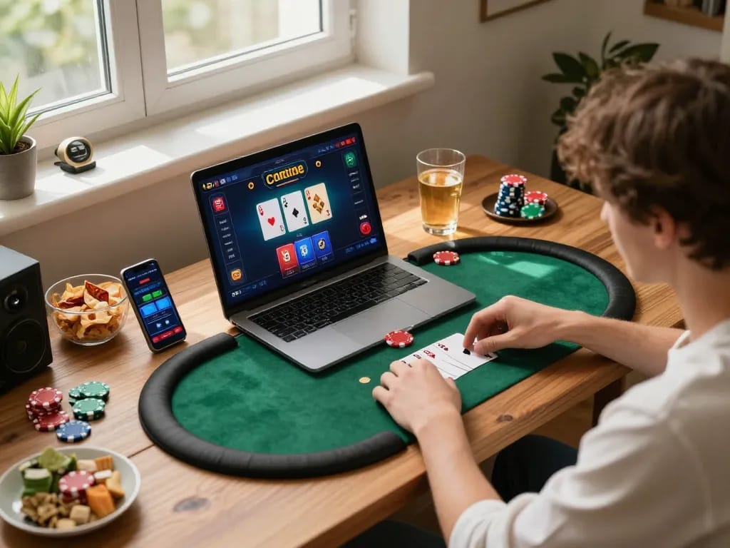 Engaged player enjoying poker at home with casinos not on gamstop apps on display.