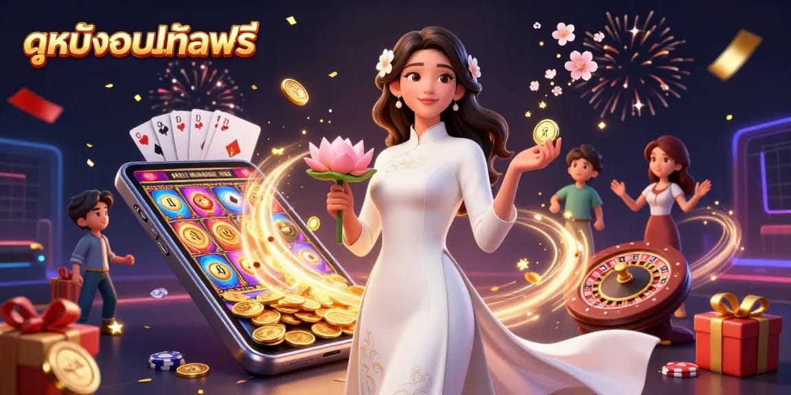 Engage with ดูหนังออนไลน์ฟรี in a vibrant 3D casino illustration showcasing a serene Asian woman with gaming elements.