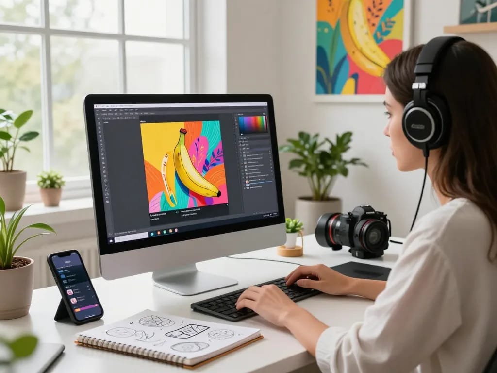 Artist creating vibrant designs using the nano banana 2 AI image editor in a modern workspace.
