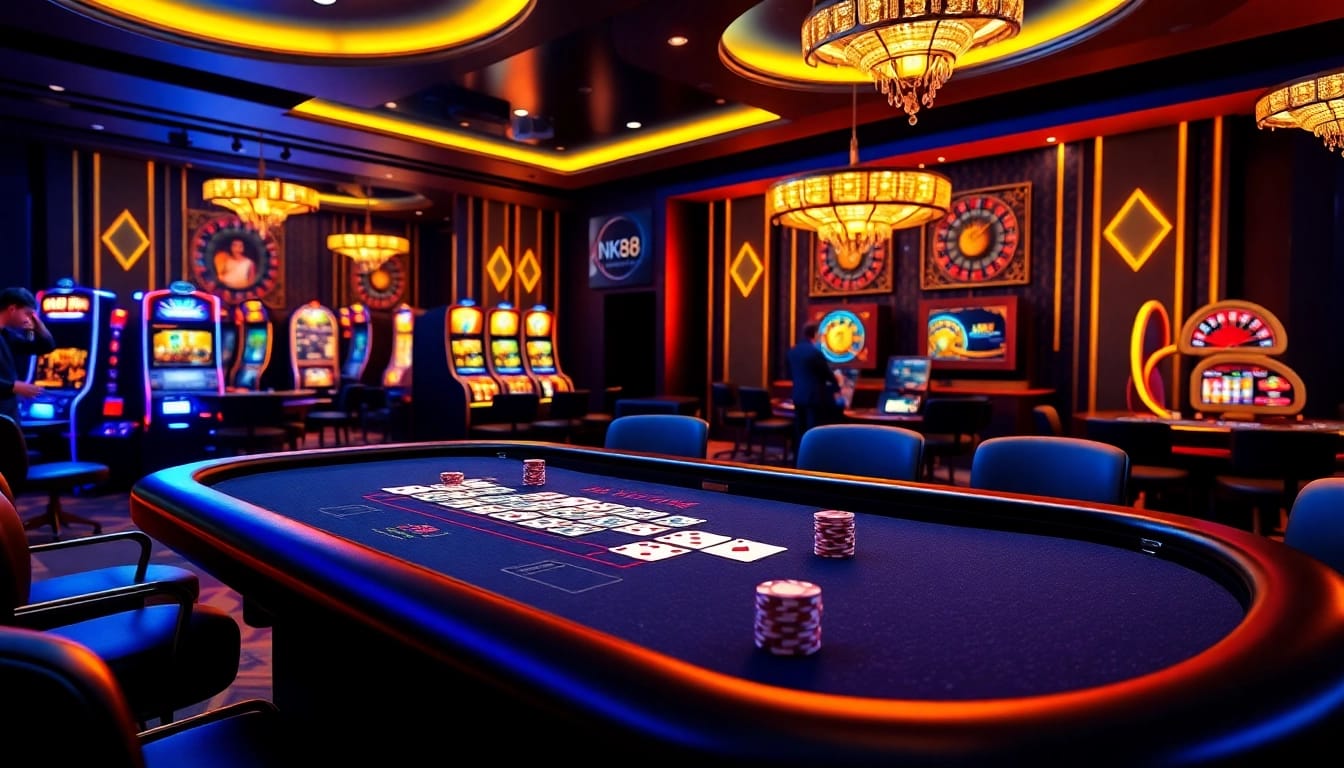 Experience the thrill of NK88 through an engaging online casino scene showcasing luxury gaming elements.
