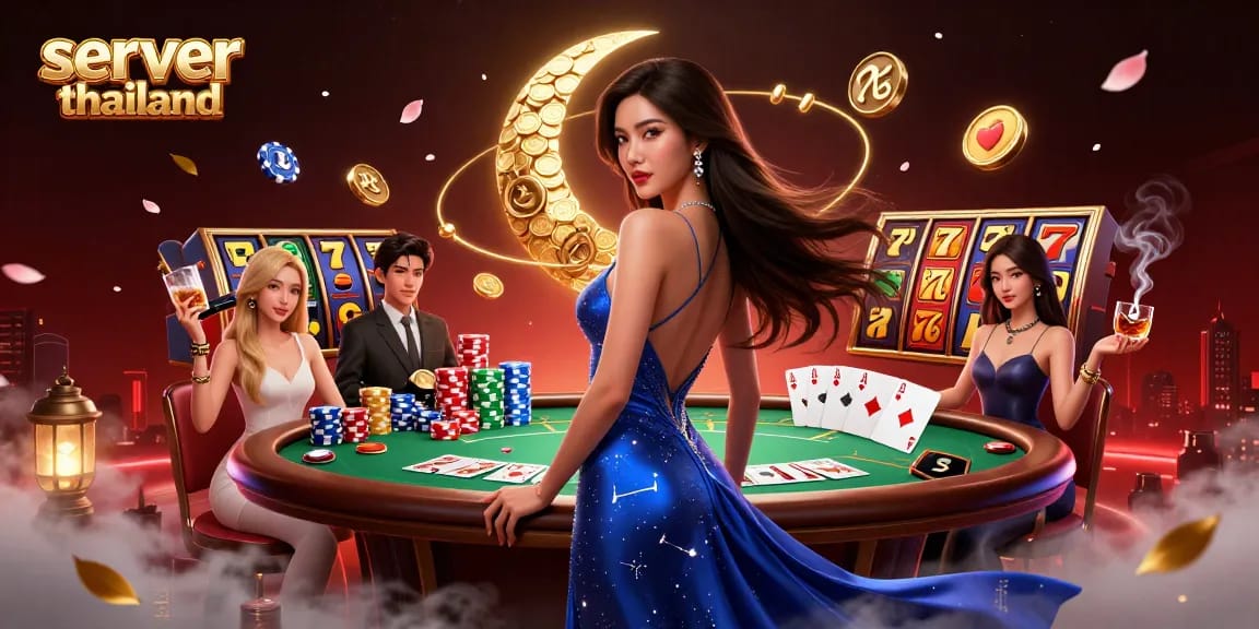 Explore vibrant server thailand slots with an elegant Asian woman among colorful gaming elements.