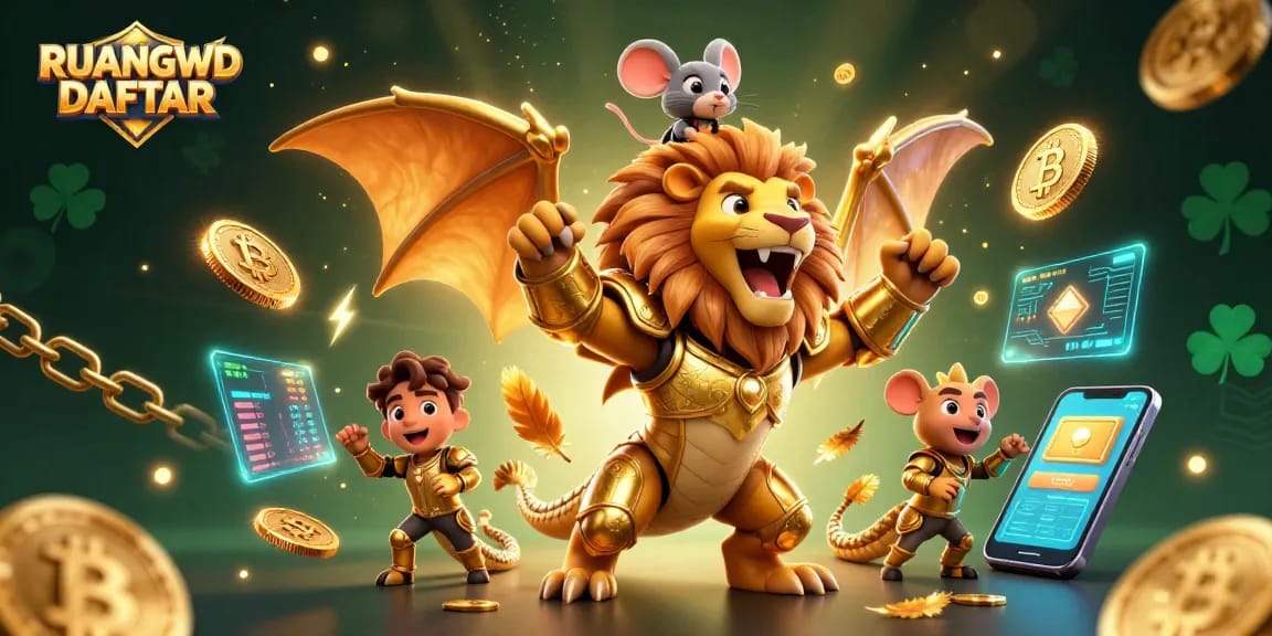 Spin to win with RUANGWD DAFTAR, featuring a triumphant chimera, crypto coins, and vibrant game elements.