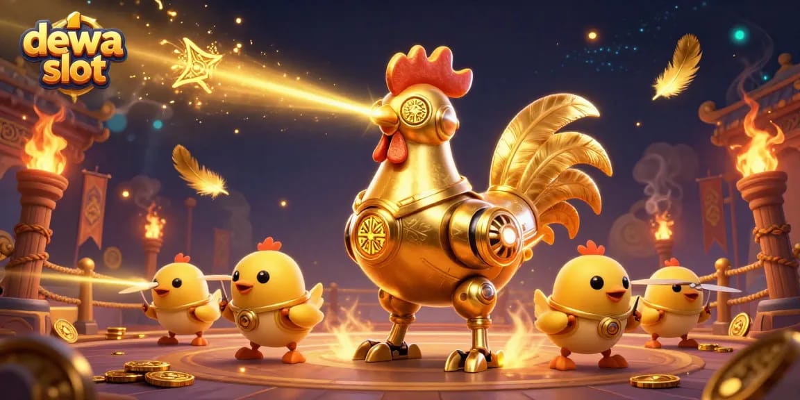 Dewa slot showcases an exciting, dynamic scene with a golden rooster robot and baby chick drones, set in a lively casino context.