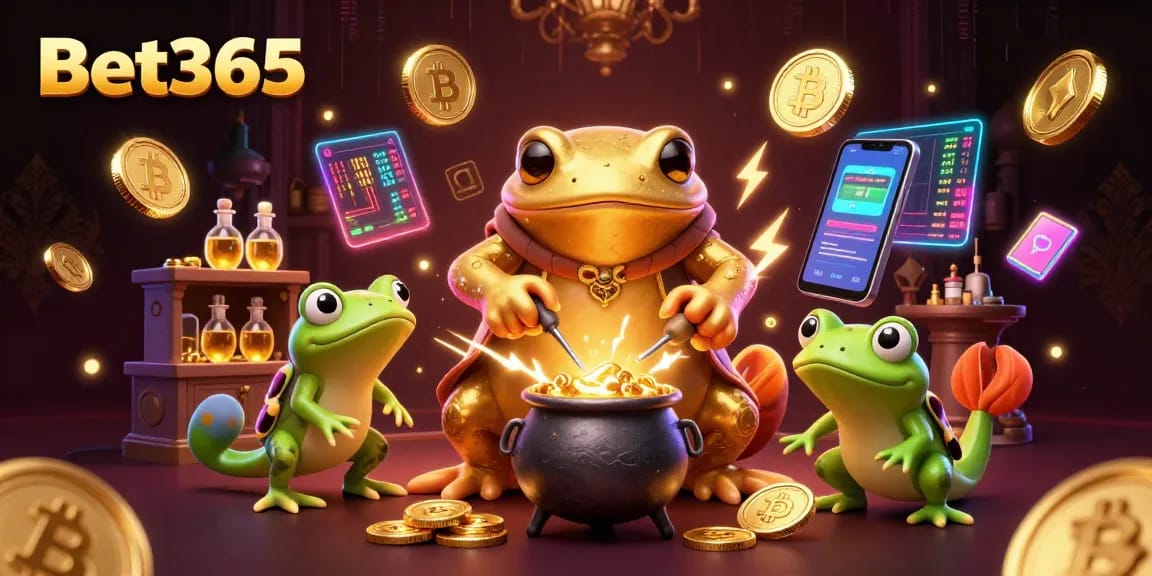 Engage with Bet365's exciting gaming scene featuring animated alchemists and crypto elements.