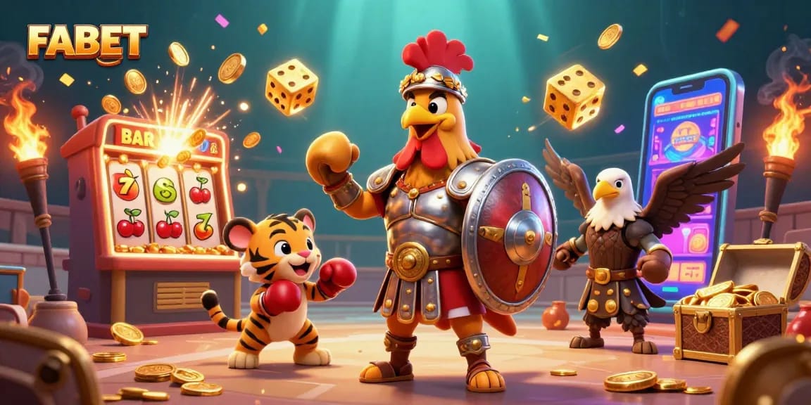 FABET's energetic gaming scene showcasing a gladiator rooster with casino elements, engaging players.
