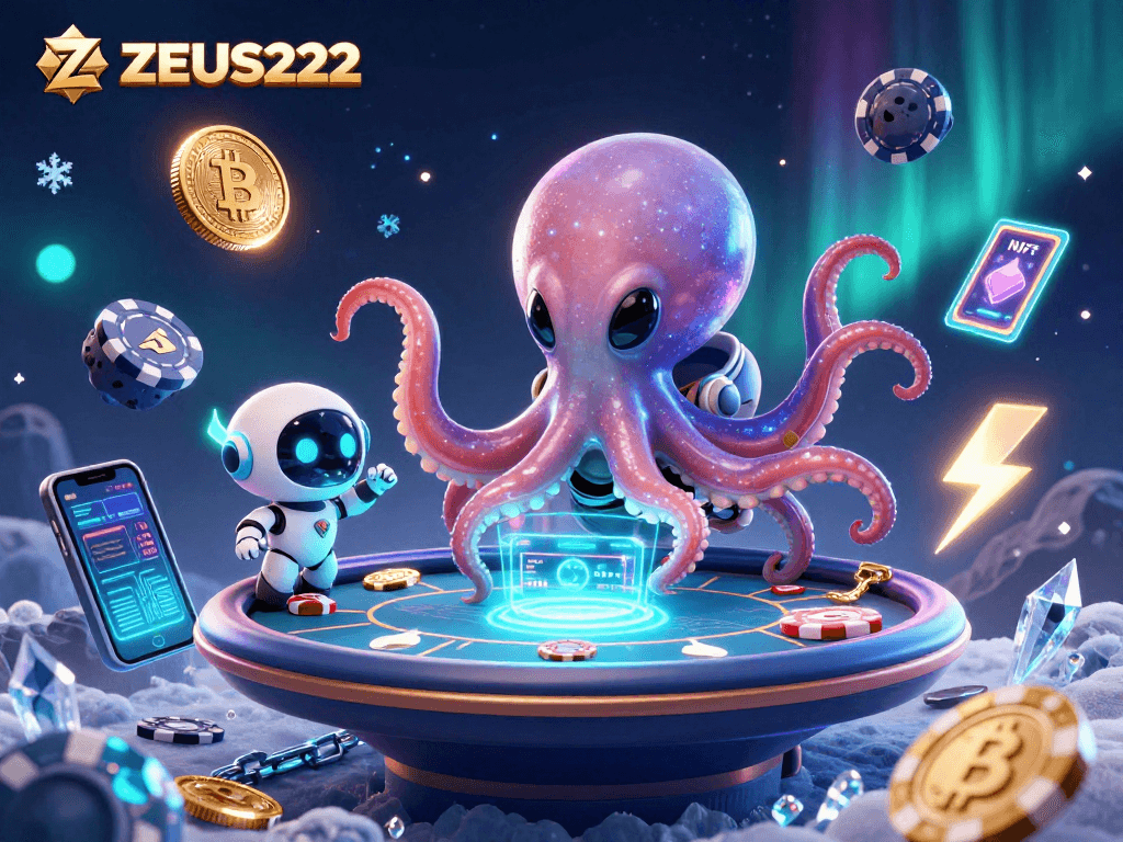 Experience thrilling gameplay with ZEUS222 at a vibrant alien poker table filled with glowing crypto elements.