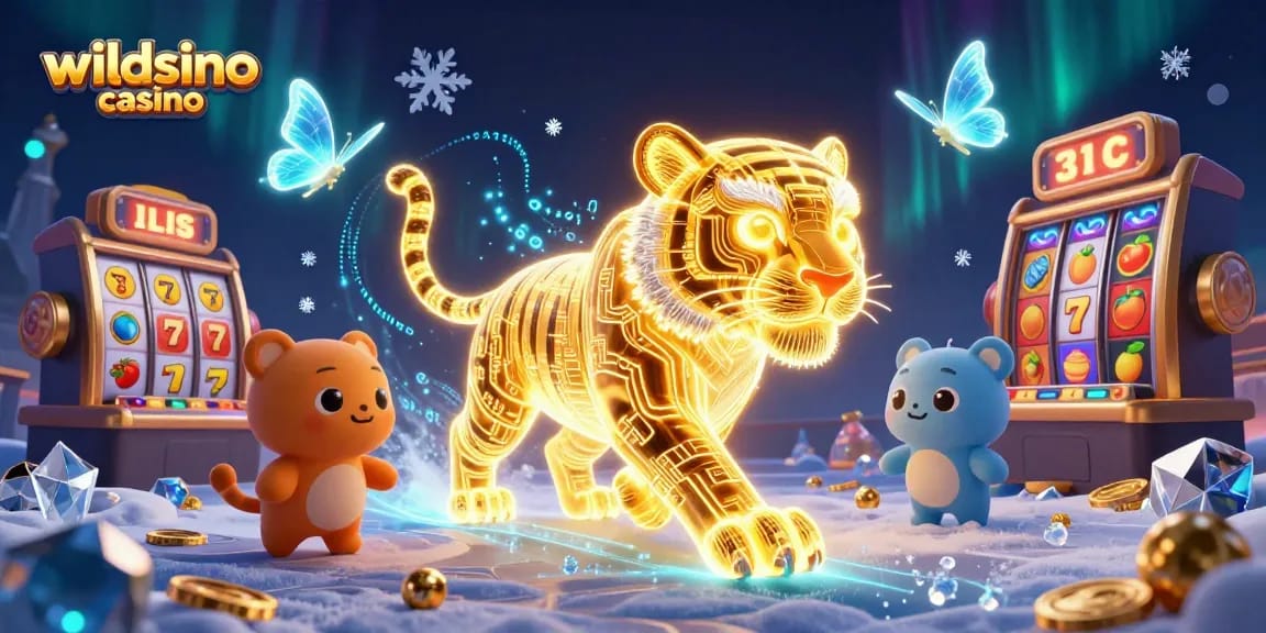 Juega y gana en wildsino casino mientras un tigre dorado ilumina el paisaje digital con símbolos de tragamonedas.