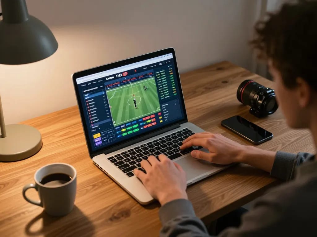 Engaging in strategic online sports betting with nk88 com interface displayed on laptop, promoting responsible gambling