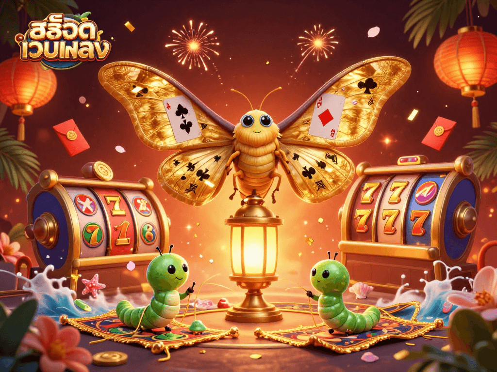 Engage with สล็อตเว็บตรง through vibrant slot reels and a lavish 3D casino scene filled with lucky symbols.