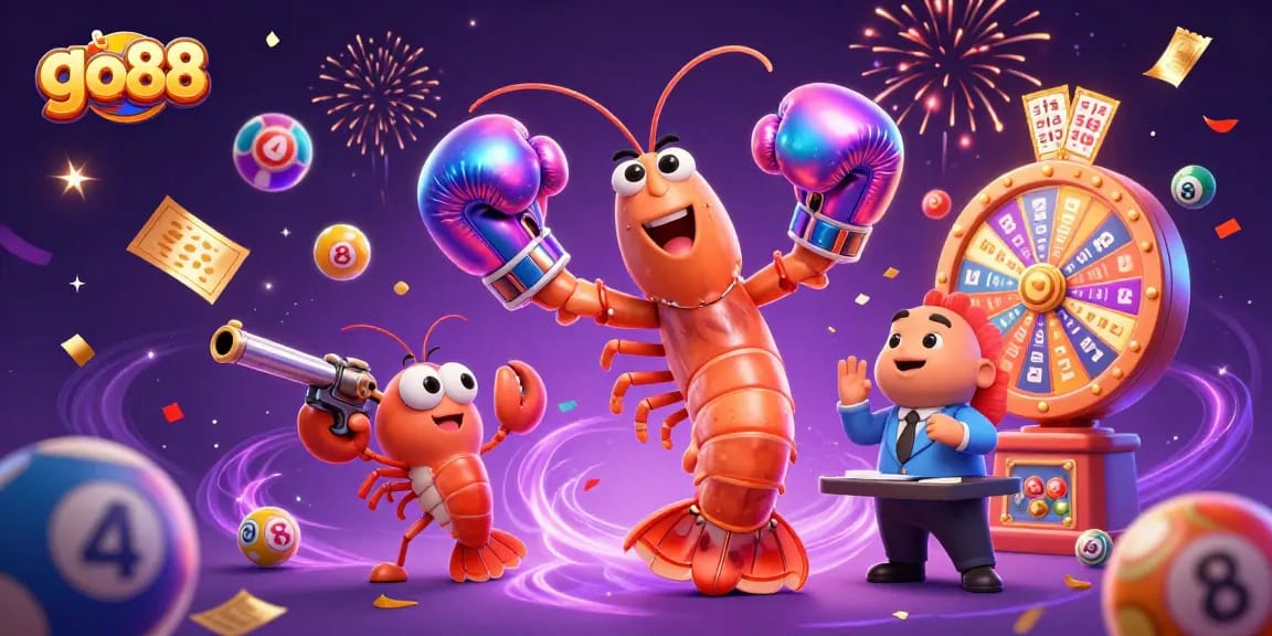 Experience the excitement of go88 with dynamic lottery elements and vibrant characters in this 3D illustration.