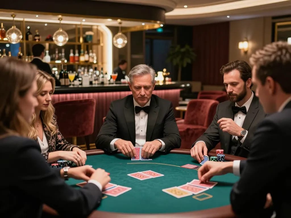 Casinoscope gaming scene showing players engaged in card games within a classy casino lounge atmosphere