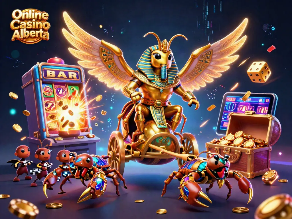Experience the thrill of Online Casino Alberta with vibrant games, golden symbols, and dynamic action elements.