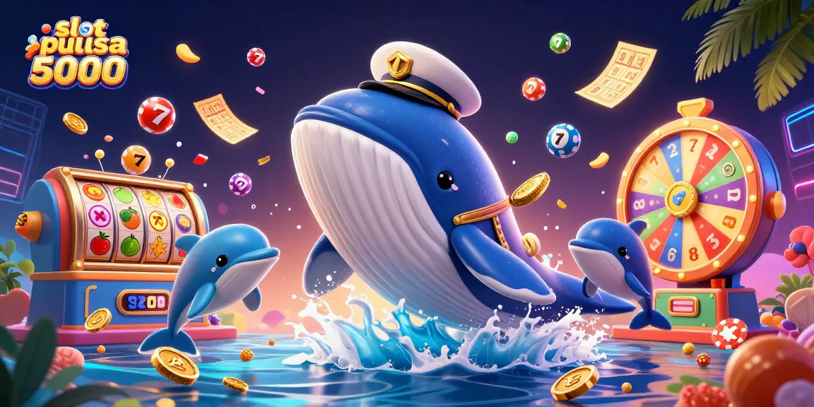 Slot pulsa 5000: antara dua karakter, ikan paus 3D dan narwhal dalam lautan koin.