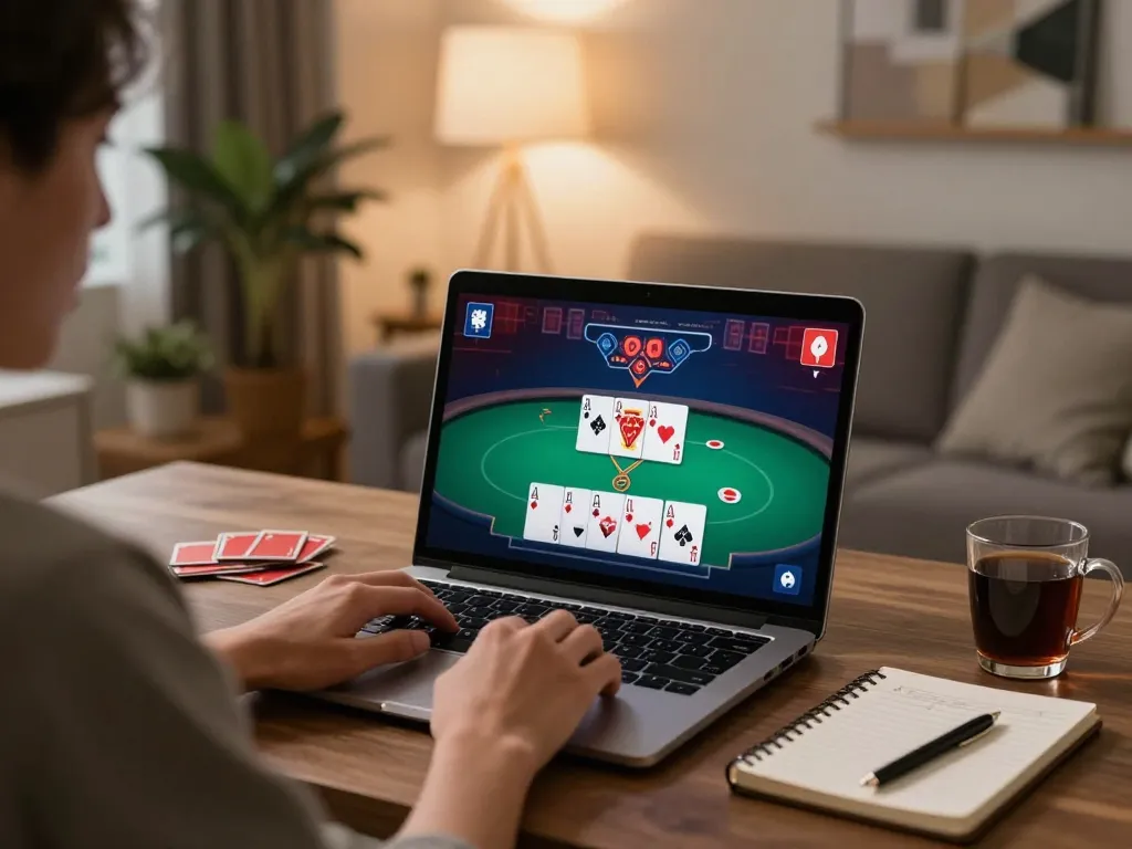 Engaging with 388bet poker strategy on a stylish home desk, emphasizing relaxed gaming