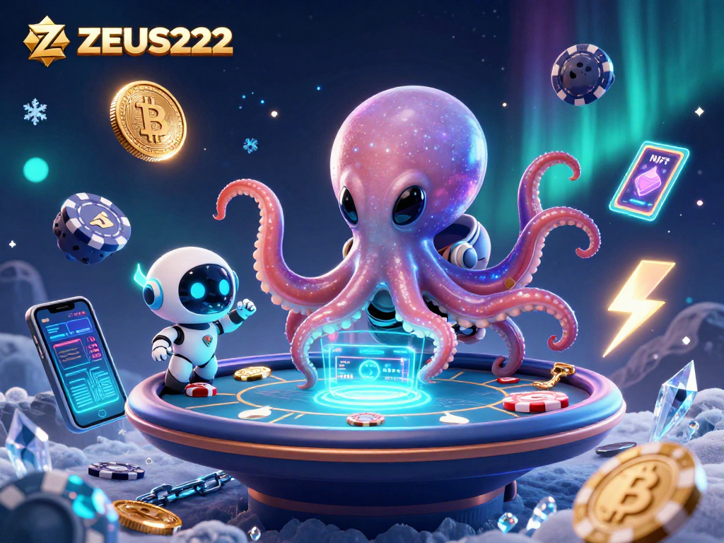 Experience thrilling gameplay with ZEUS222 at a vibrant alien poker table filled with glowing crypto elements.