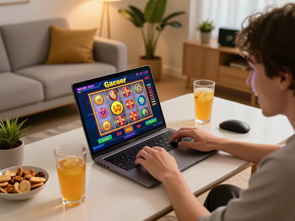 Engaging home scene with a player enjoying slot gacor on laptop showcasing colorful reels and user interface.