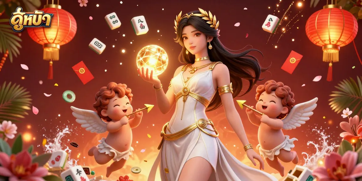 Experience ดูหนัง with a stunning goddess and cherub characters surrounded by dynamic gambling-themed elements.