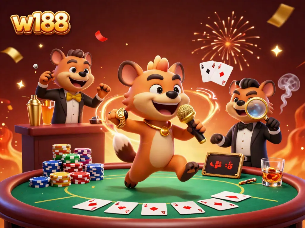 Engage in exciting casino action with w188's vibrant 3D hyena characters at a comedy club scene.
