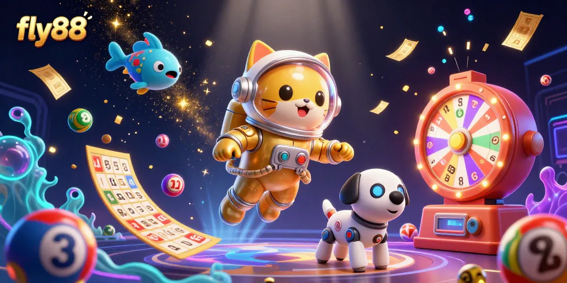 Fly88 plunges into the excitement of gambling with vibrant lottery elements, embodied by a space-themed astronaut cat.