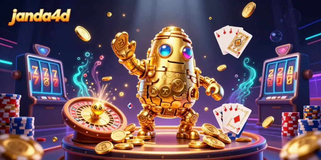 JANDA4D menghadirkan golem emas bercahaya dikelilingi simbol permainan slot dan koin emas, menciptakan suasana kasino yang meriah.