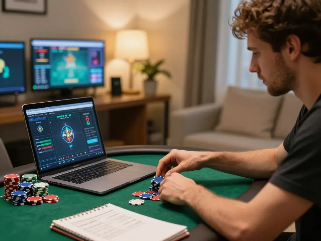 Engaging in an online poker game on the TR88 trang chủ platform with strategic focus and ambiance.