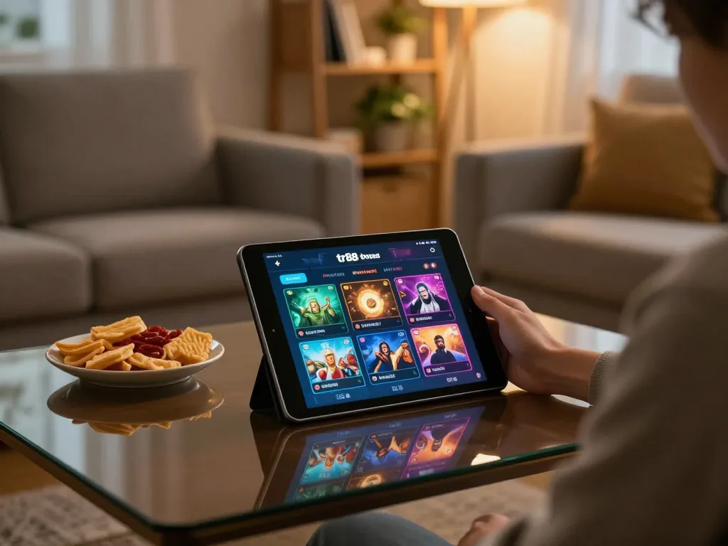 Engaging online gaming session with tr88 trang chủ displayed on tablet in comfortable home setting
