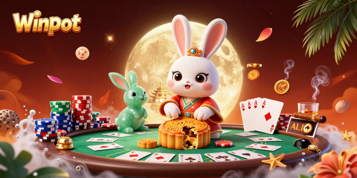 Winpot showcases a lively scene with poker chips and moon rabbits in an exciting casino setting.