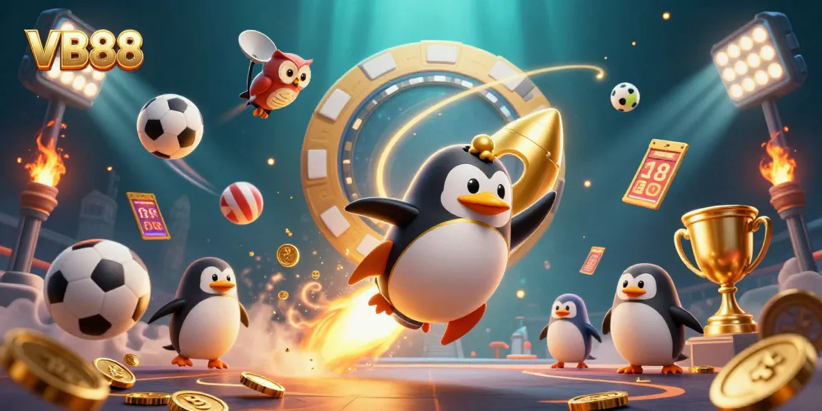 VB88 showcases a golden penguin and sports elements in a dynamic casino scene.