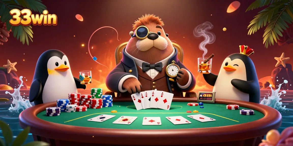 Engage in high-stakes poker at 33win with a whimsical 3D scene featuring unique characters.