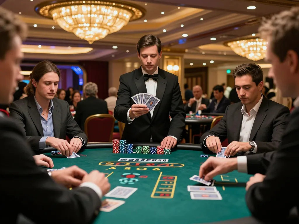 Players engaging in high-stakes blackjack at 11win casino, dealer presenting cards with excitement.