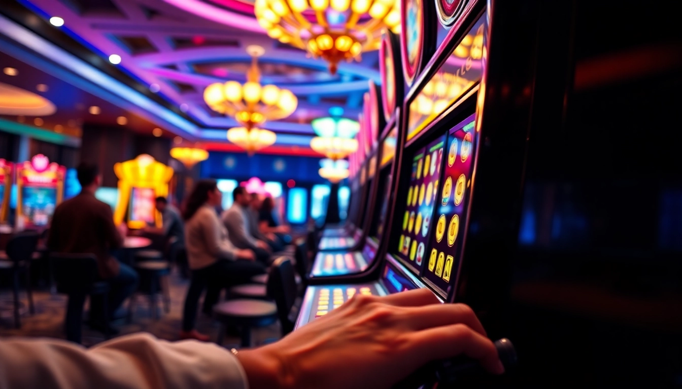 Taruhan Slot deposit 5000 dengan mesin slot mewah dan pemain yang antusias di kasino.